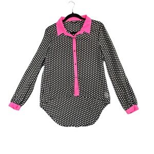 Allen B Polka Dot High Low Blouse Pink Trim Modern Indie Retro Chic M